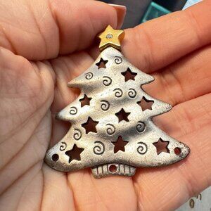 Vintage AJMC Christmas Tree Brooch Joy Cutout Stars Signed Holiday Pin 2 Inch